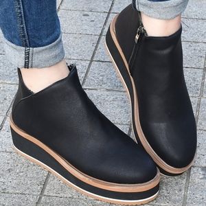 Black and Tan Faux Leather Wedge Bootie